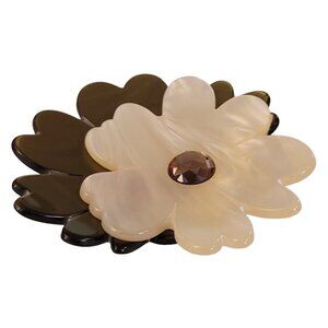 Pono Green, Pearly Lucite Plastic Rhinestone Flower Brooch, Signed K472